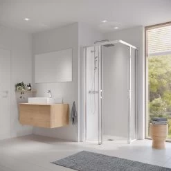 Kermi Liga Eckeinstieg-Hälfte Gleitt. 2-tlg. Bodenfrei LIC2L08320VPK 83x200cm, Silber Hochglanz, ESG Klar Clean, Links, Auf Duschplatz