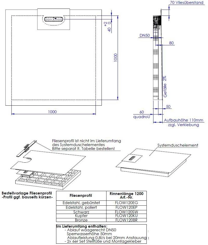 Schedel Line Flow Duschelement LI2KF901010 100 X 100 Cm, Einseitiges Gefälle 4 Schedel Line Flow Duschelement LI2KF901010 100 X 100 Cm, Einseitiges Gefälle – Bild 2
